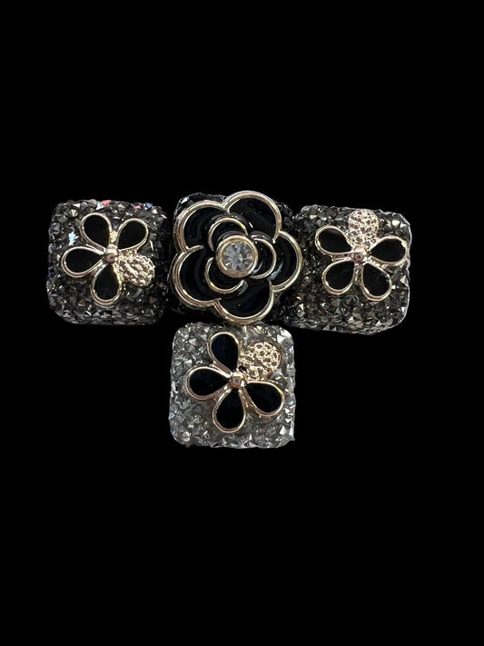4 PCS- 16mm Black/DK GRAY FLOWERS Fashion Rhinestone Charm Sugar Coated  Focal image 0