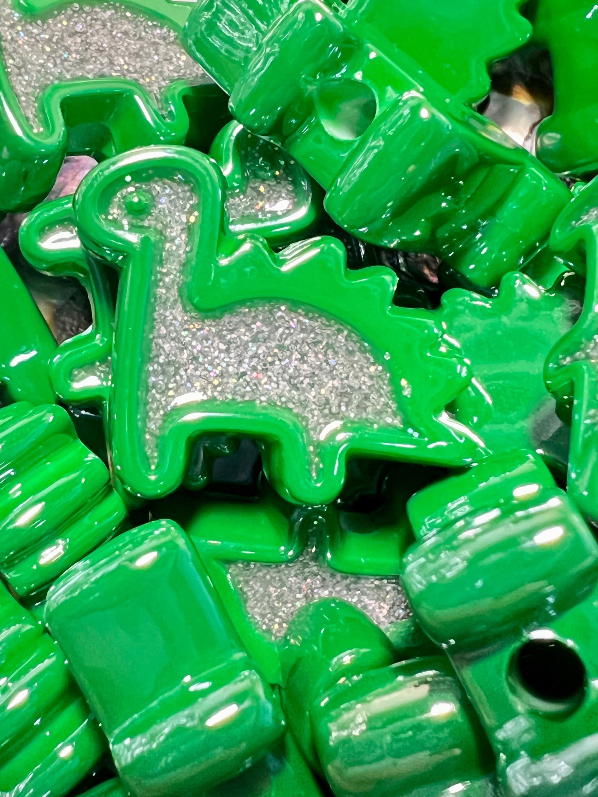 5 PCS- 25mm 3D Acrylic Dinosaur/Stegosaurus/Green with Silver Glitter Beads image 0