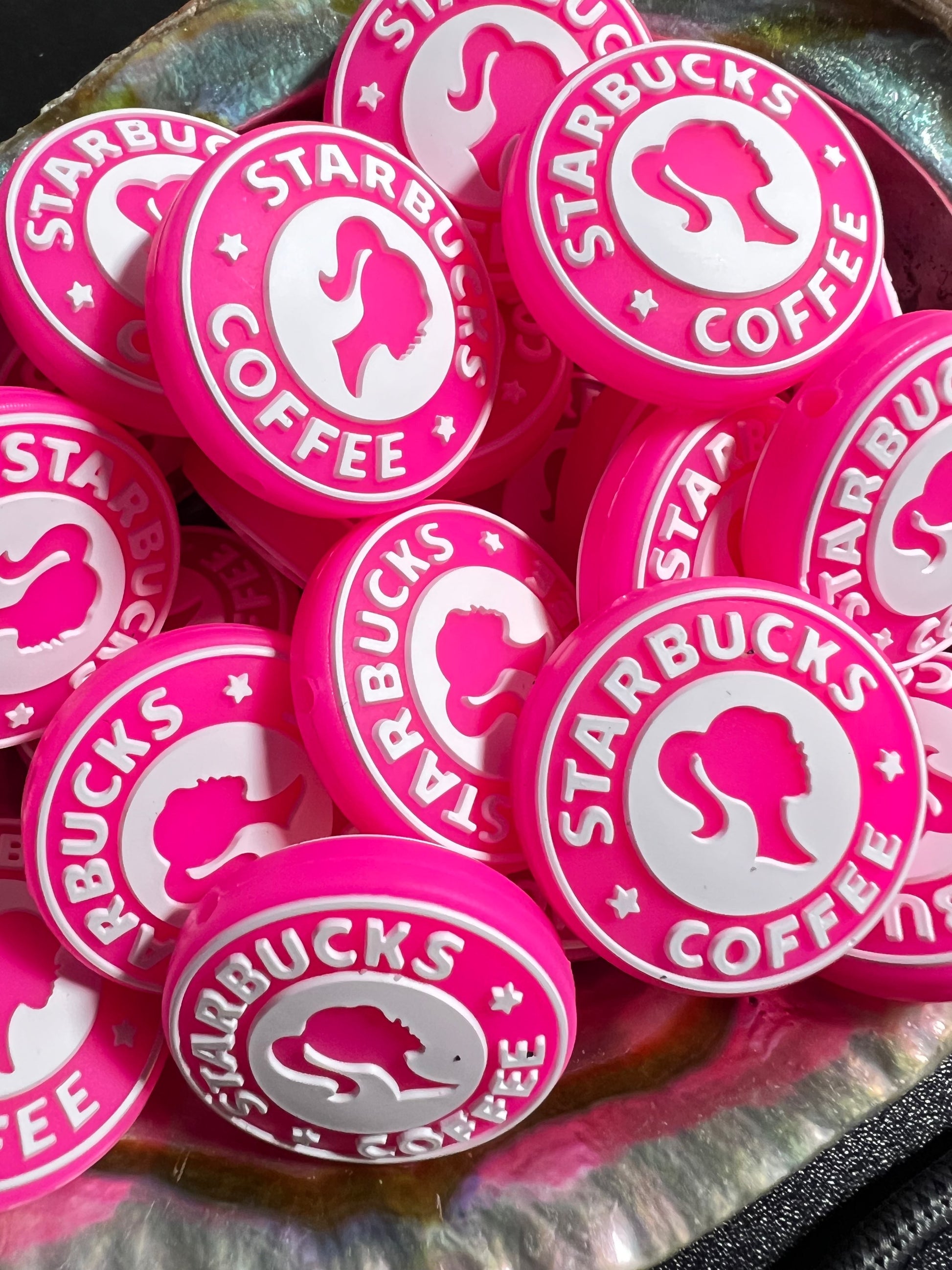 (1)PC- Round Shape- Hot Pink DOLL Star Bucks Coffee Round Focal Bead image 0