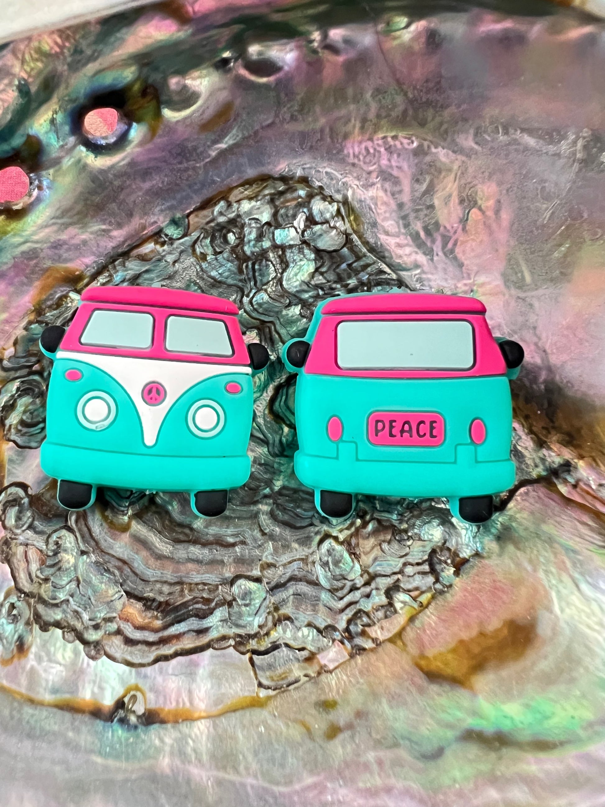 (1)PC- Teal/Pink/White/Black  PEACE Hippie Van Focal Bead image 0