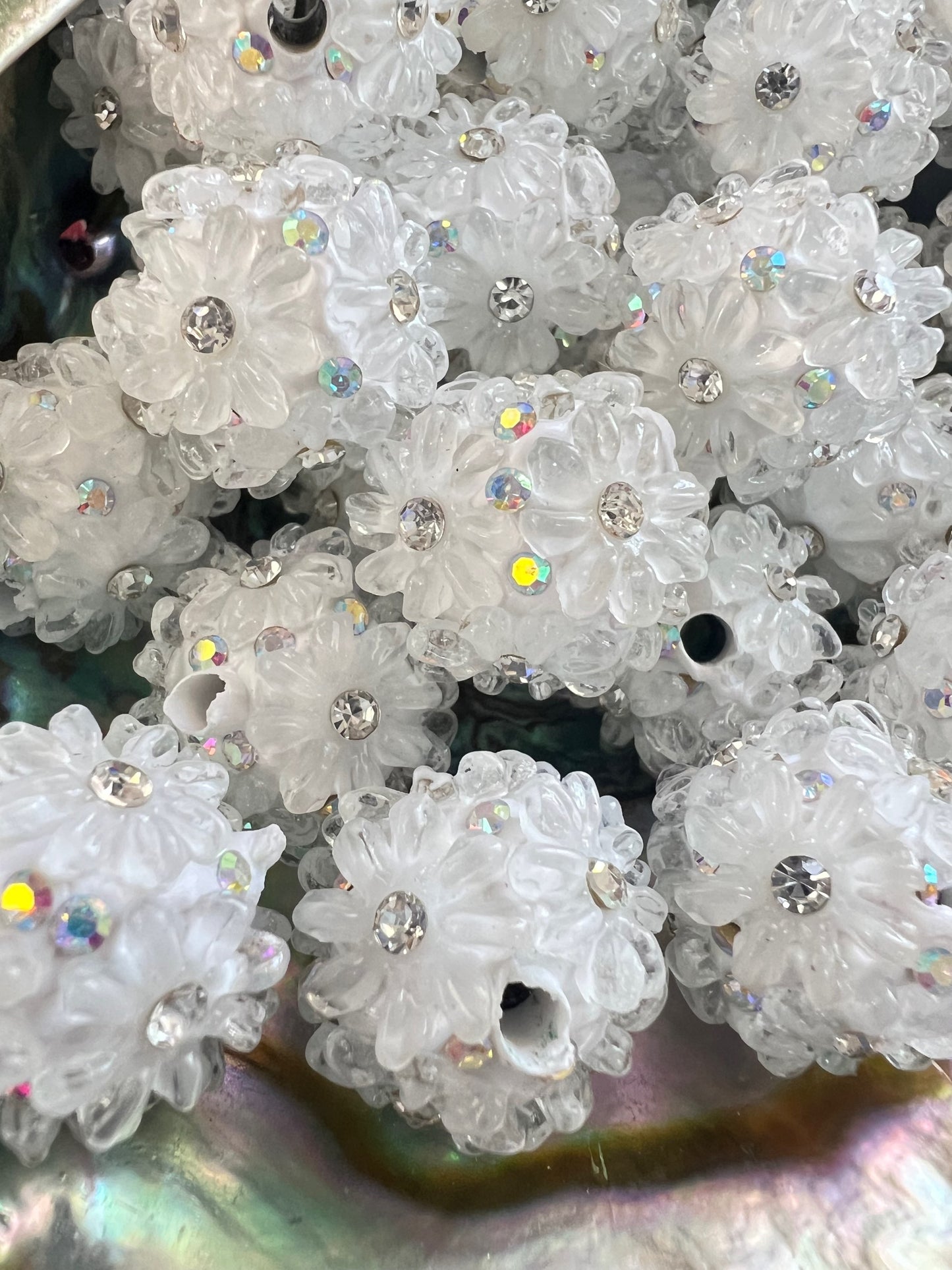 5 PCS- 23mm Round White/AB Rhinestone W/ Clear Daisy Flowers Clay Beads image 1