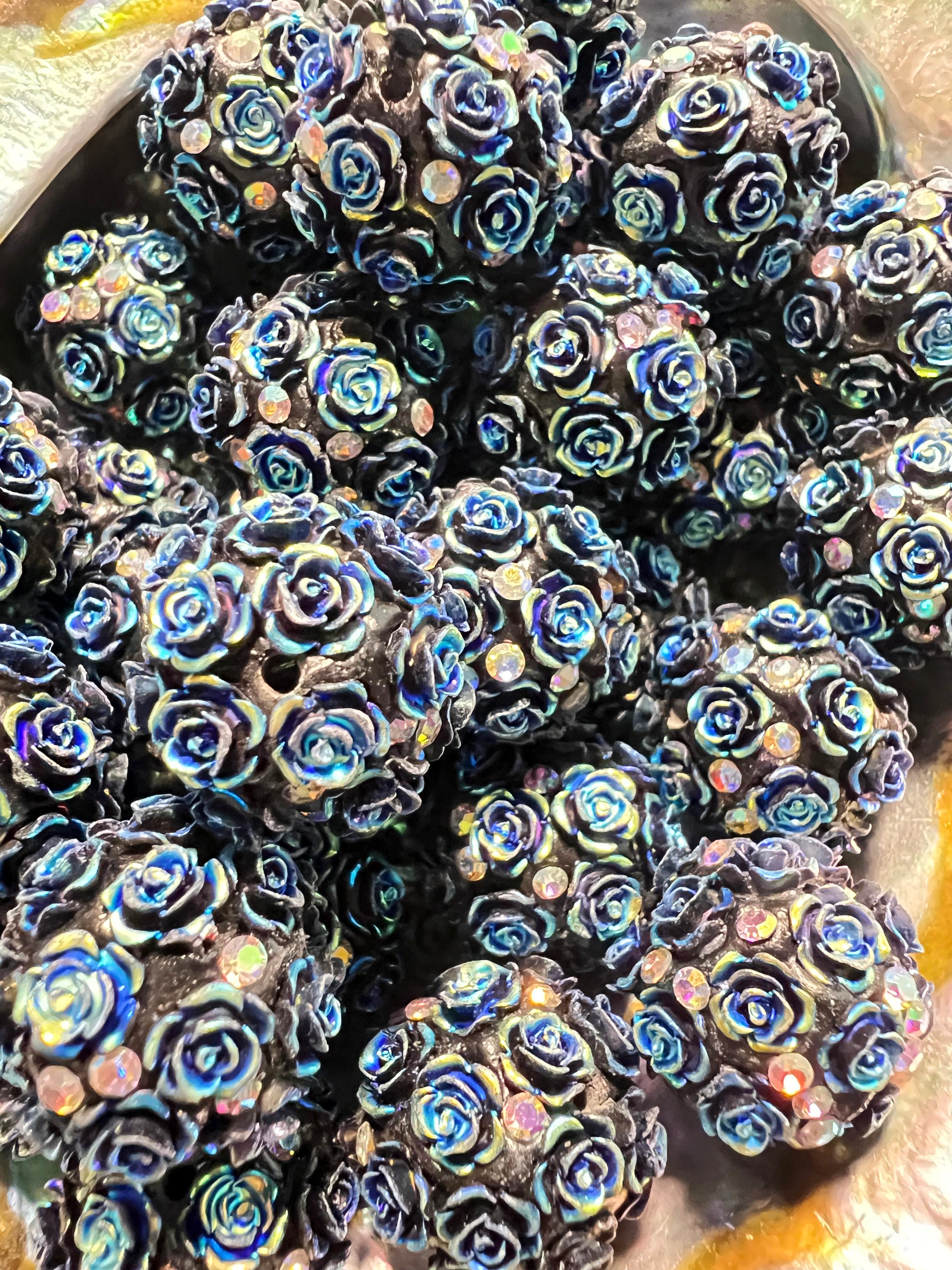 5 PCS- 18mm Fancy Round Black AB Roses/Rhinestones Clay Beads image 3