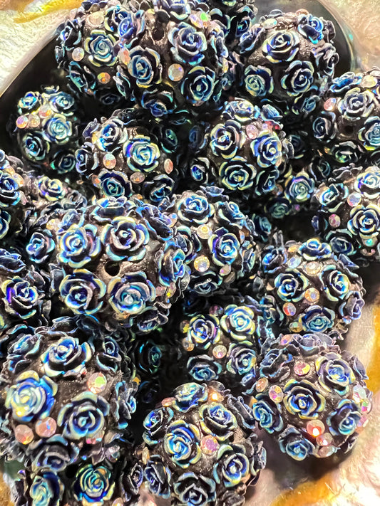 5 PCS- 18mm Fancy Round Black AB Roses/Rhinestones Clay Beads image 3