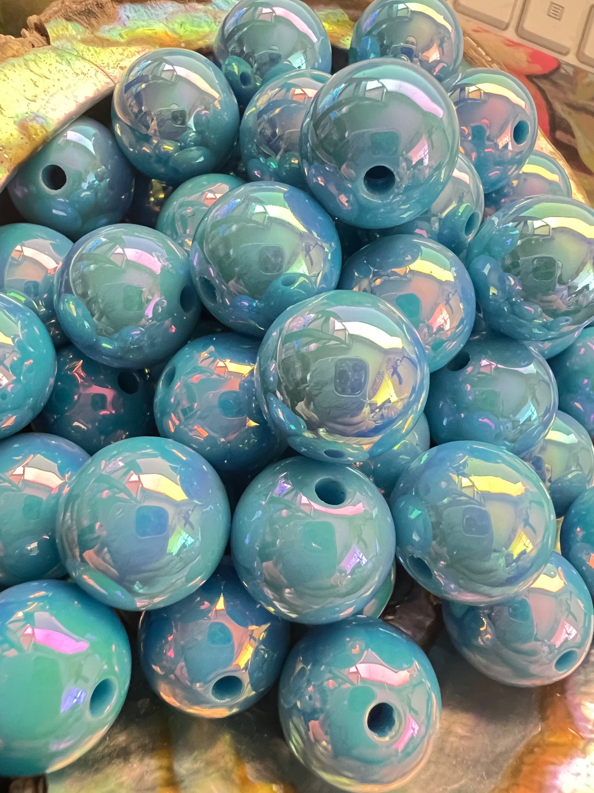 10 PCS - 15mm AZURE BLUE UVAB Rainbow Round Acrylic Beads image 1