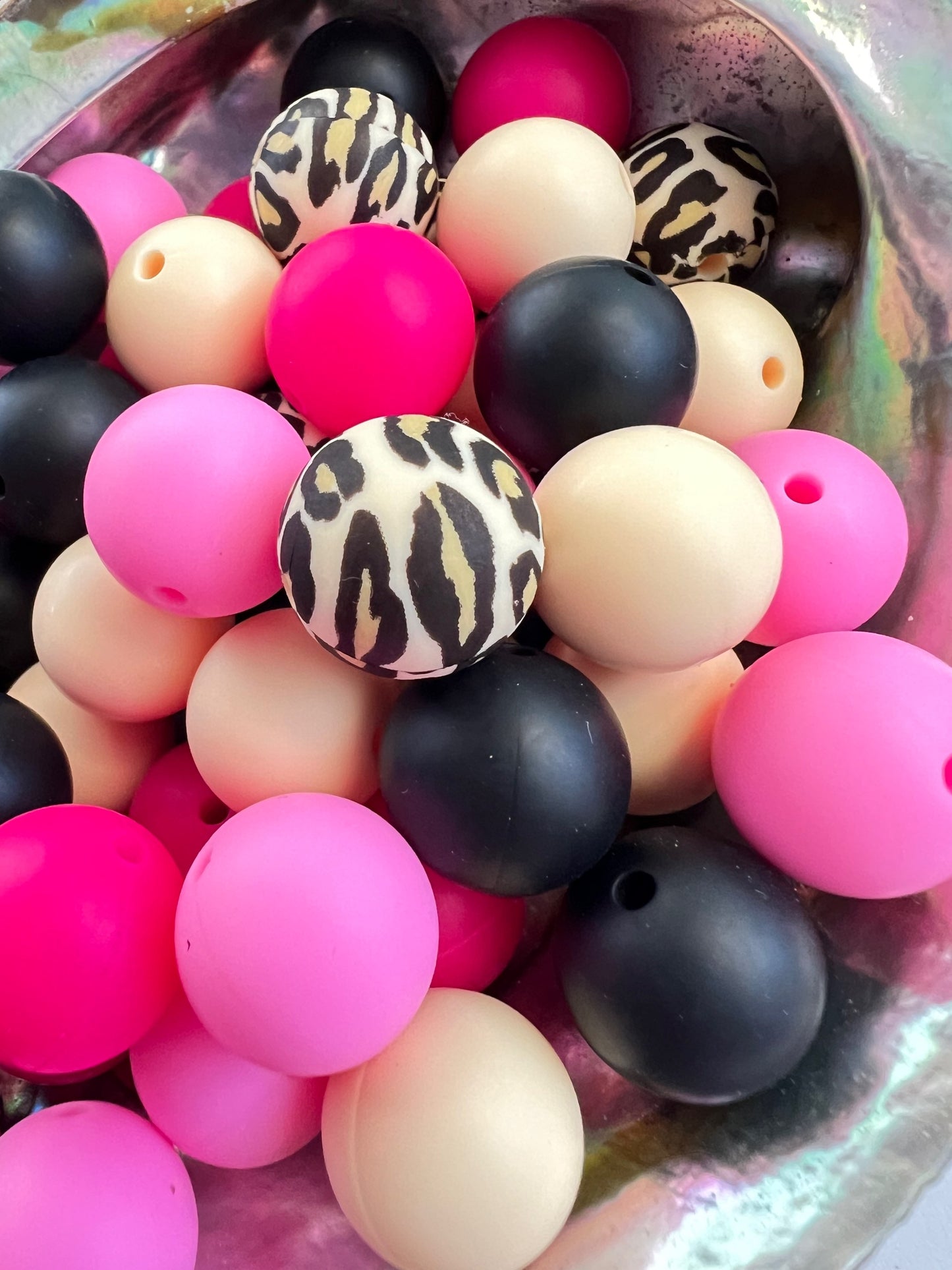 10 PCS- 15mm Round Multicolored Leopard/HotPink/Pink/Creme MIX of SILICONE beads image 1