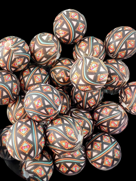 10 PCS- 15mm Brown/Orange/White/Teal Aztec/Western Print Silicone beads image 0
