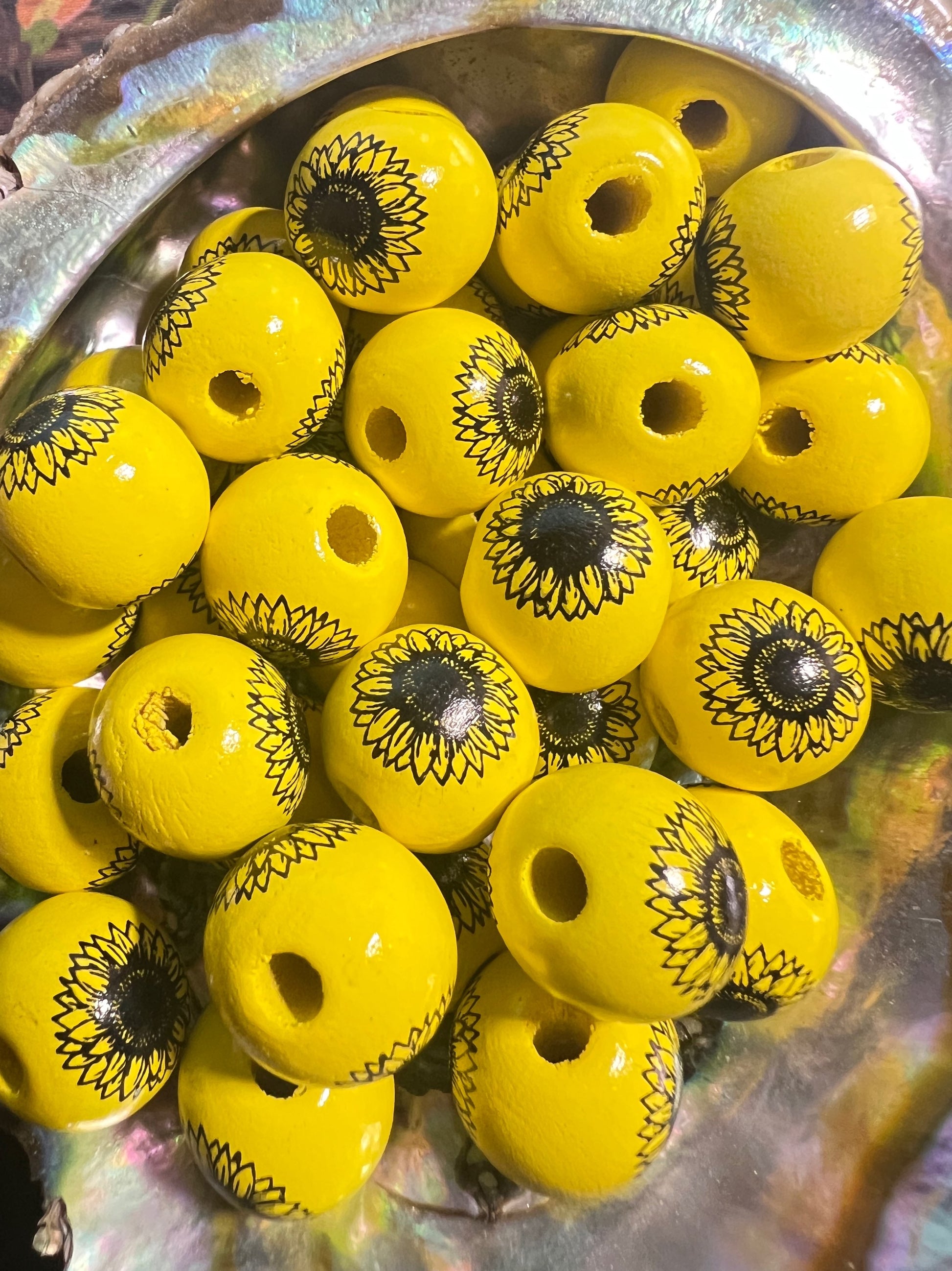 10 PCS-  16mm Yellow/Black Sunflower Wooden Bead image 0