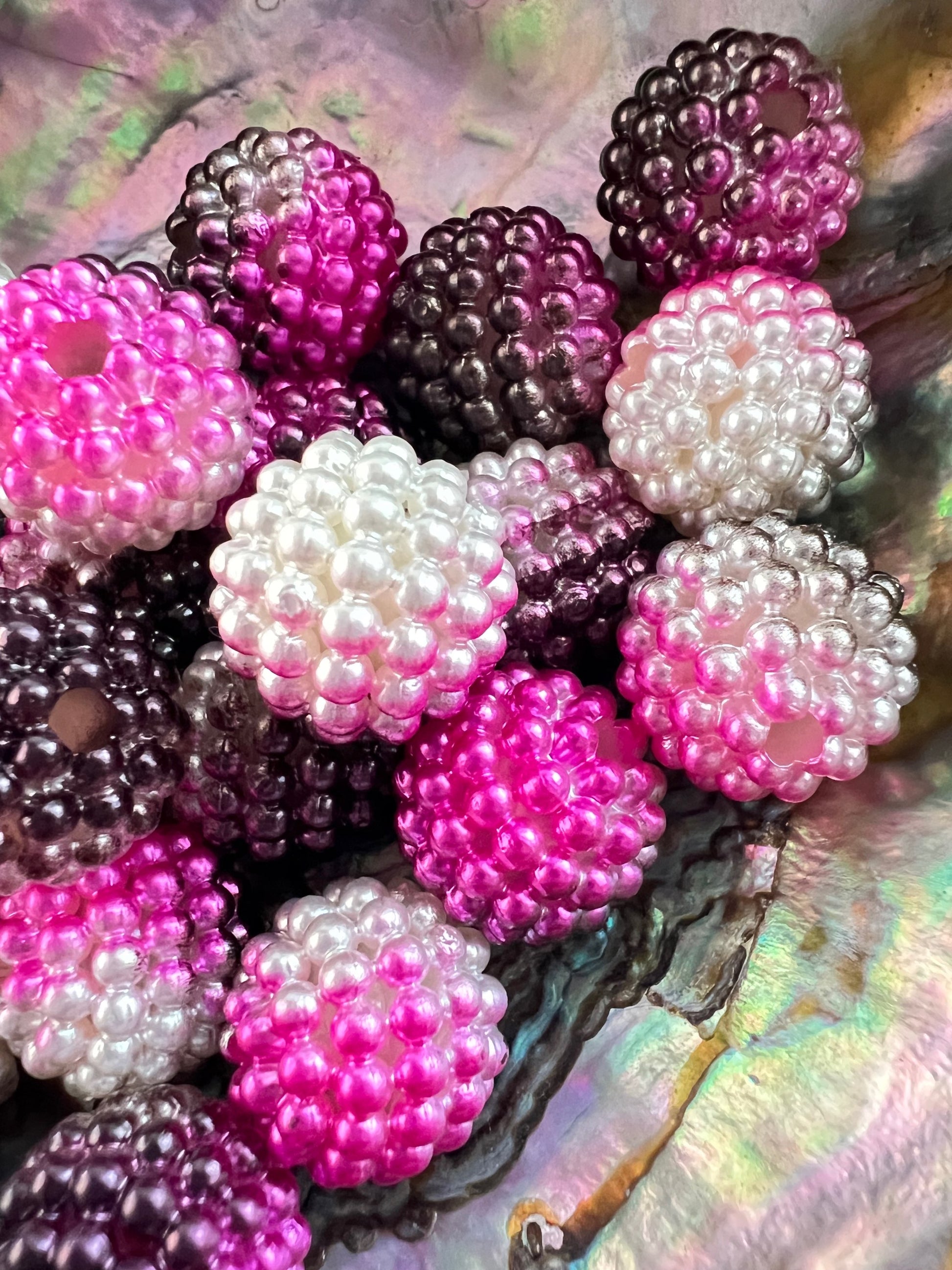 10 PCS - 15mm Fancy Round Pink/Blk/White /Pearl Acrylic Beads image 2