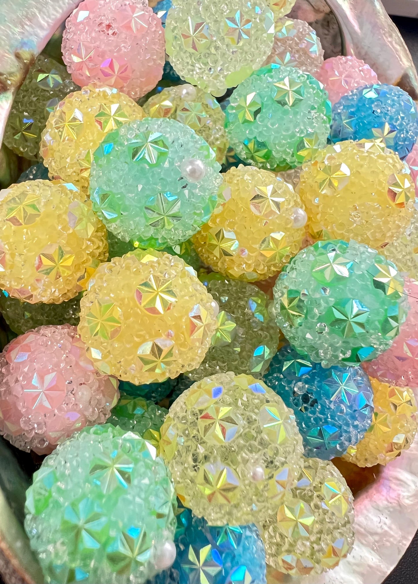 10 PCS- 16mm Sugar Coated Round With Stars Mixed Color AB Beads image 1