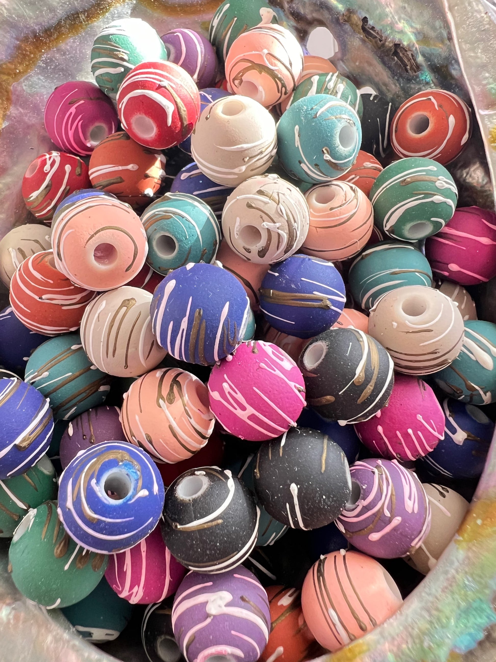 10 PCS- 12mm Round Matte Dark Colored Acrylic Hand painted Swirl Beads image 0