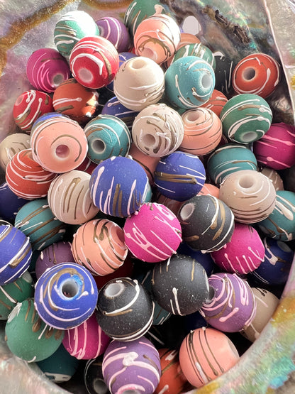 10 PCS- 12mm Round Matte Dark Colored Acrylic Hand painted Swirl Beads image 0