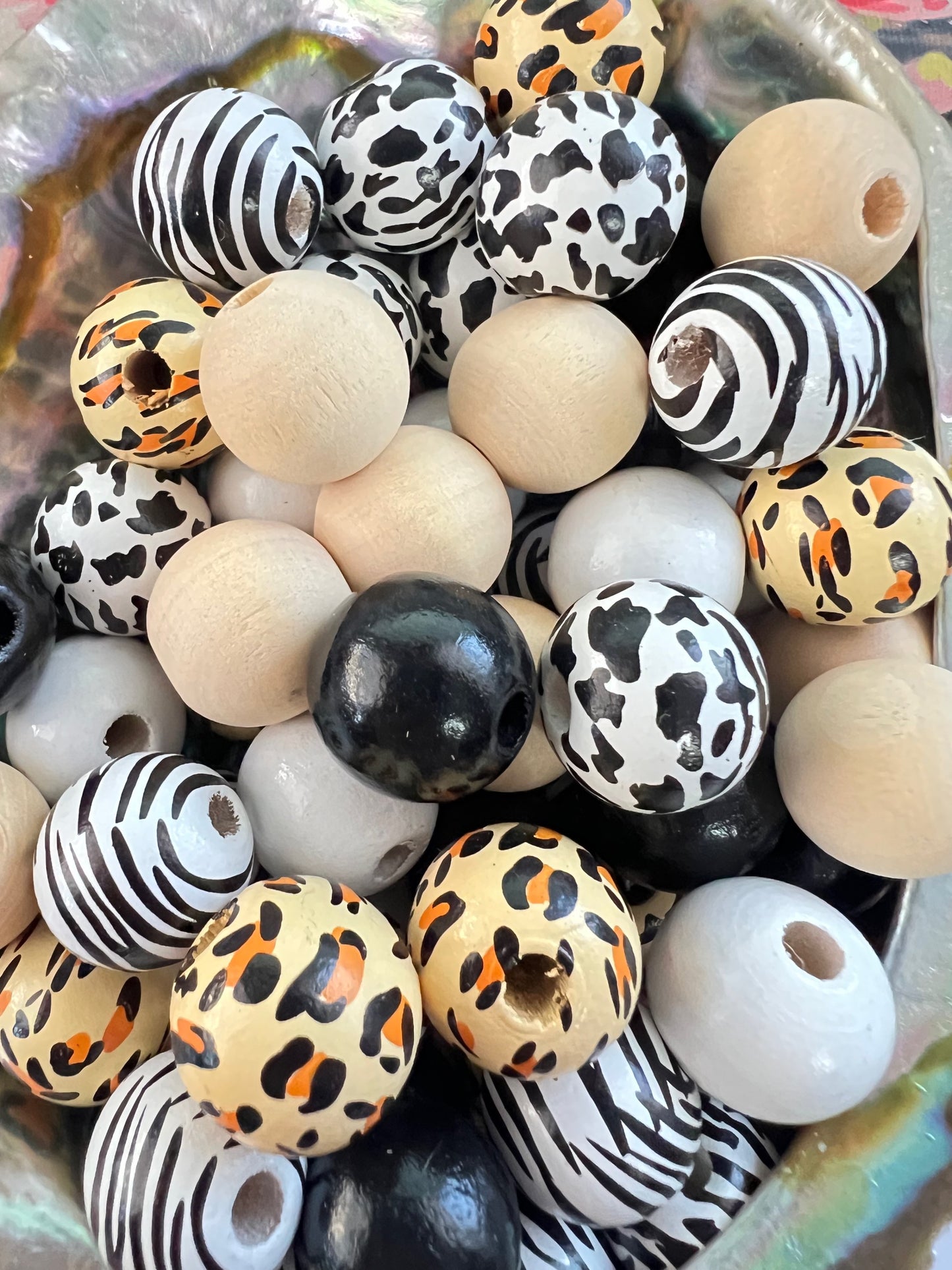 10 PCS-  16mm Multicolored Leopard/Zebra/Cow/Black/White Round Wooden Beads image 0