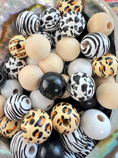 10 PCS-  16mm Multicolored Leopard/Zebra/Cow/Black/White Round Wooden Beads image 0