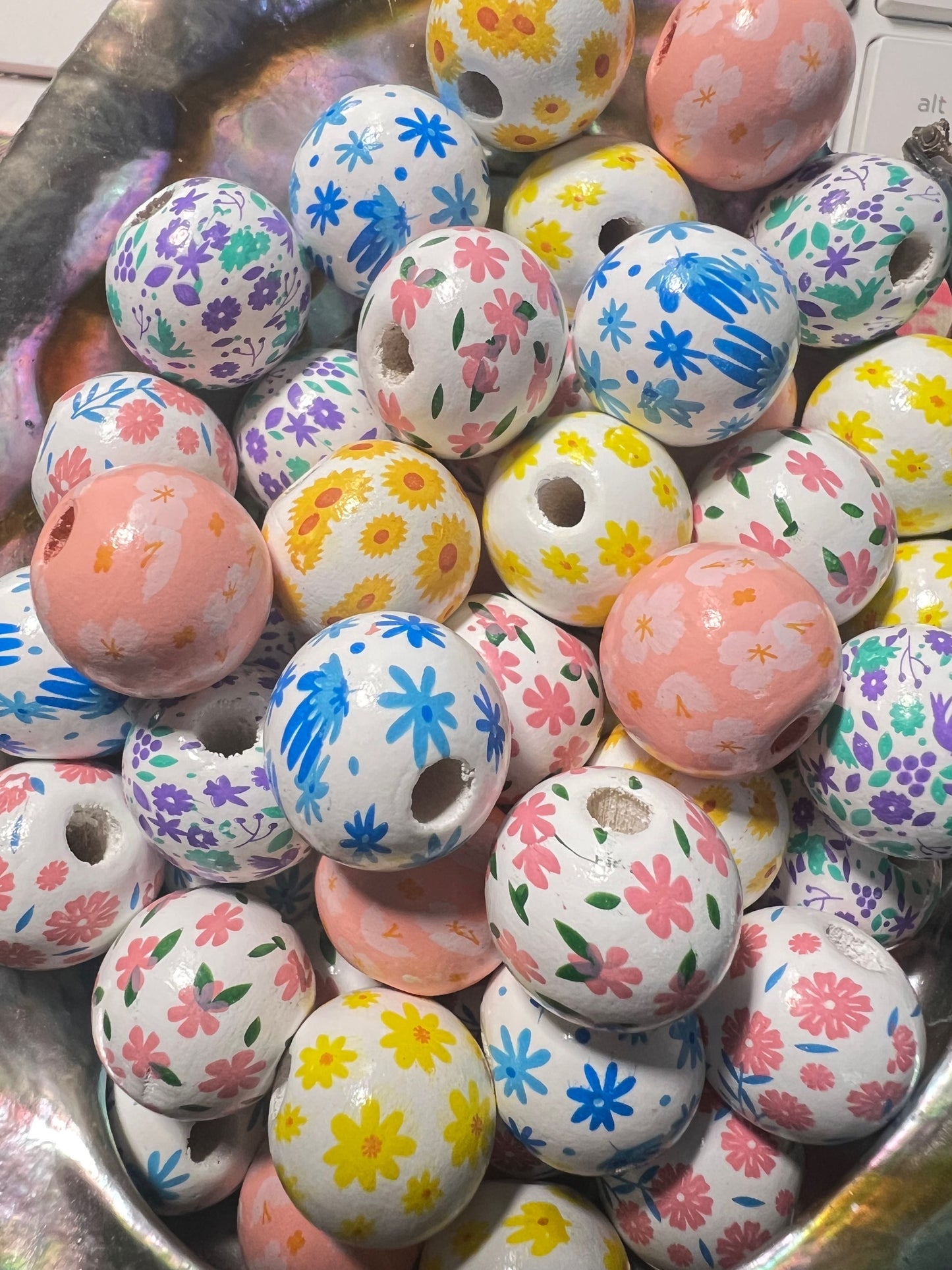10 PCS-  16mm Multicolored FLORAL  print Round Wooden Beads image 0