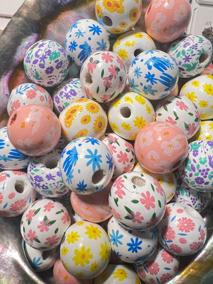 10 PCS-  16mm Multicolored FLORAL  print Round Wooden Beads image 0