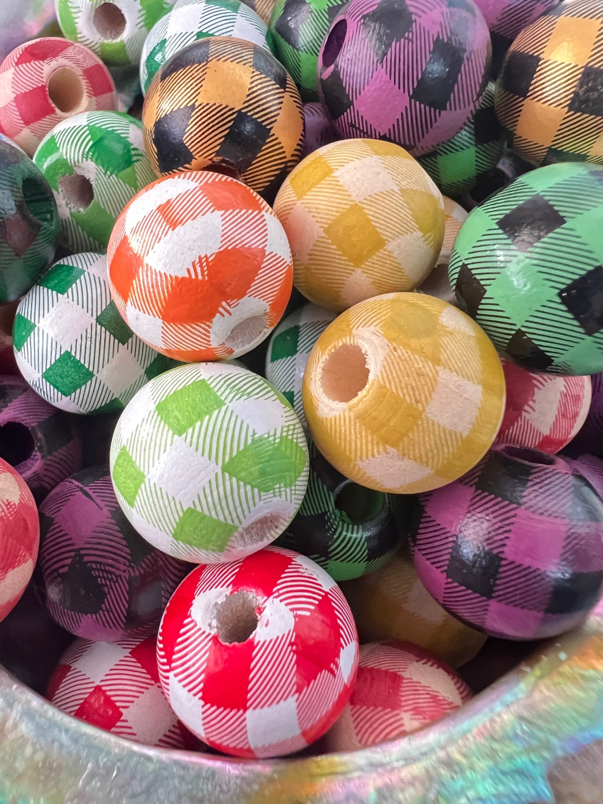 10 PCS- 15mm Darker Colors Round Wooden/Checkered/Gingham Pattern Beads image 1
