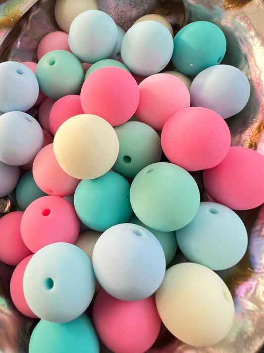 10 PCS- 15mm PASTEL Teal/Blue/Pinks/White MIX Silicone Touch Round Mixed Beads image 0