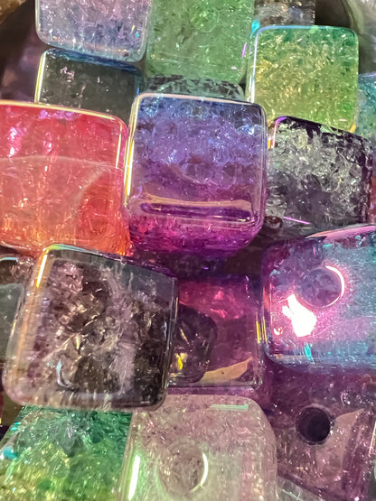 10 PCS- 14mm Clear Double Color UVAB Iridescent Rainbow Crackle Cube Beads image 1