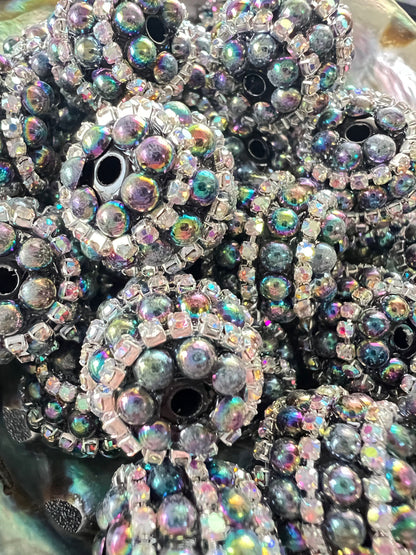5 PCS - 18mm Fancy Round Galaxy Rhinestone/Pearl Black UVAB Acrylic Beads image 1