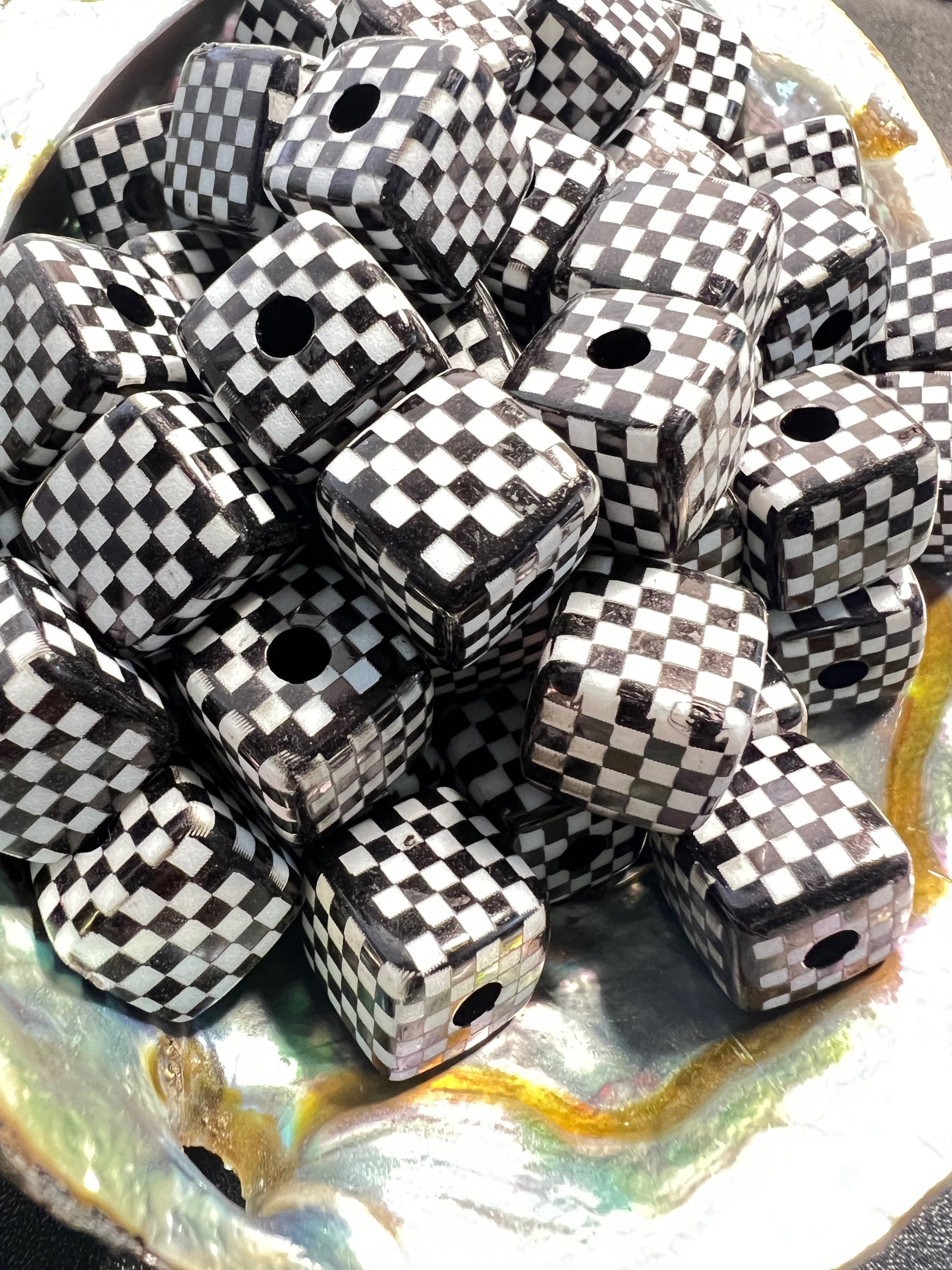 10 PCS- 13mm Black & White Cube/Square Checkered/Gingham Pattern Beads image 2