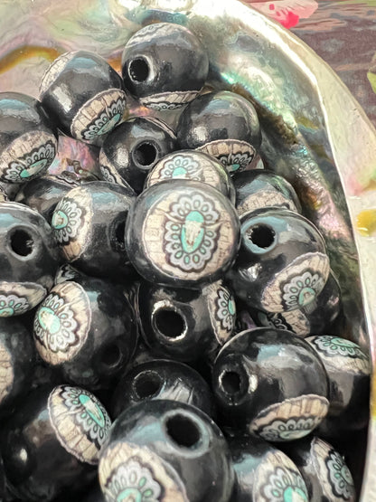 4 PCS- 14mm Teal/Brown/Gray Aztec Design printed on Black Wood Beads image 0