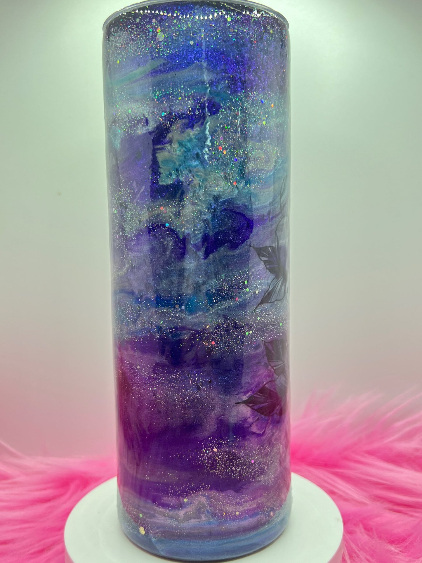 (1)- RTS 20oz Straight FLORAL purple/blue MILKY WAY ink/glitter Epoxy Tumbler image 2