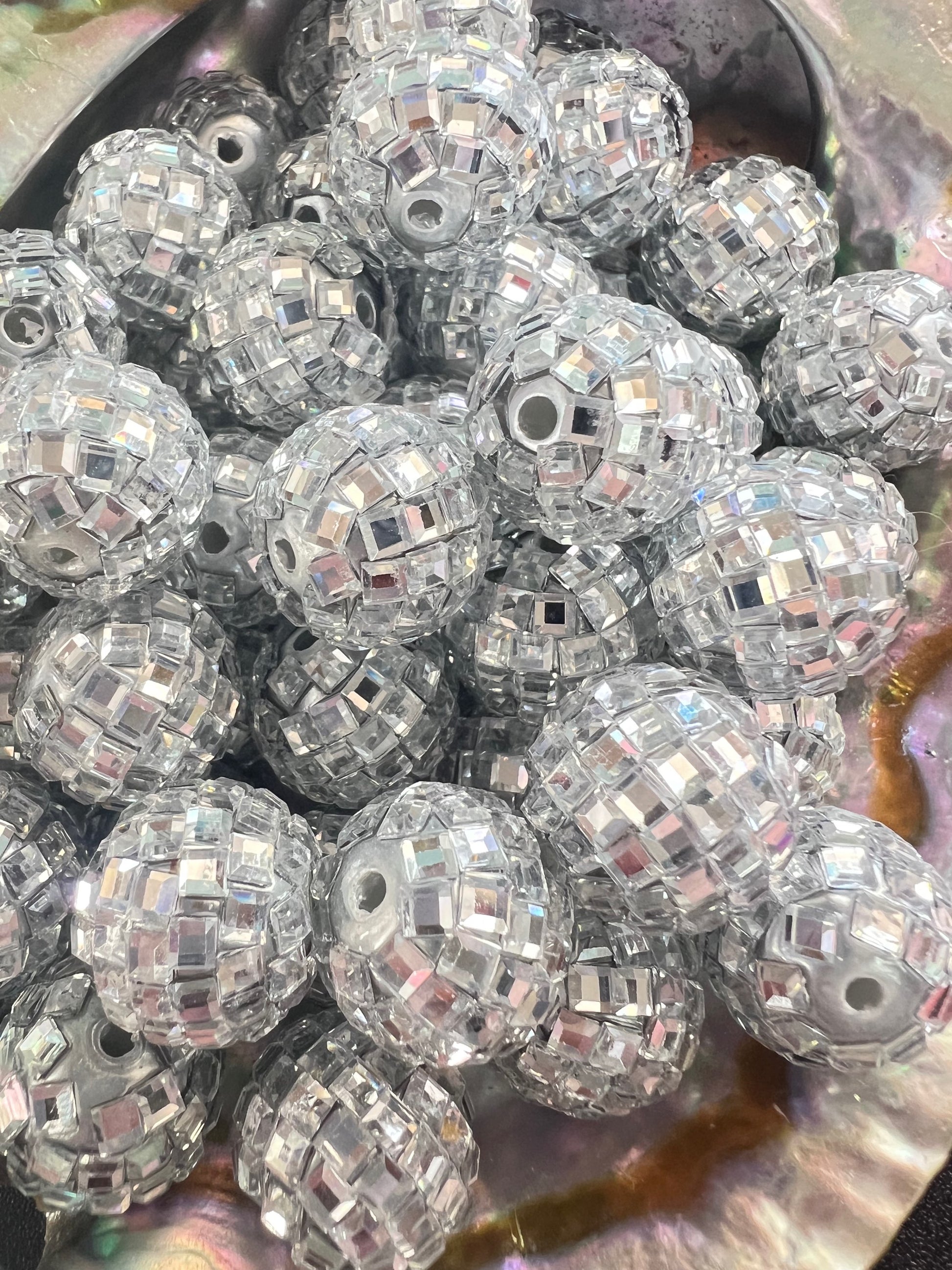 10 PCS - 16mm Silver/Chrome DISCO Mirror Round Acrylic Rhinestone Beads image 0