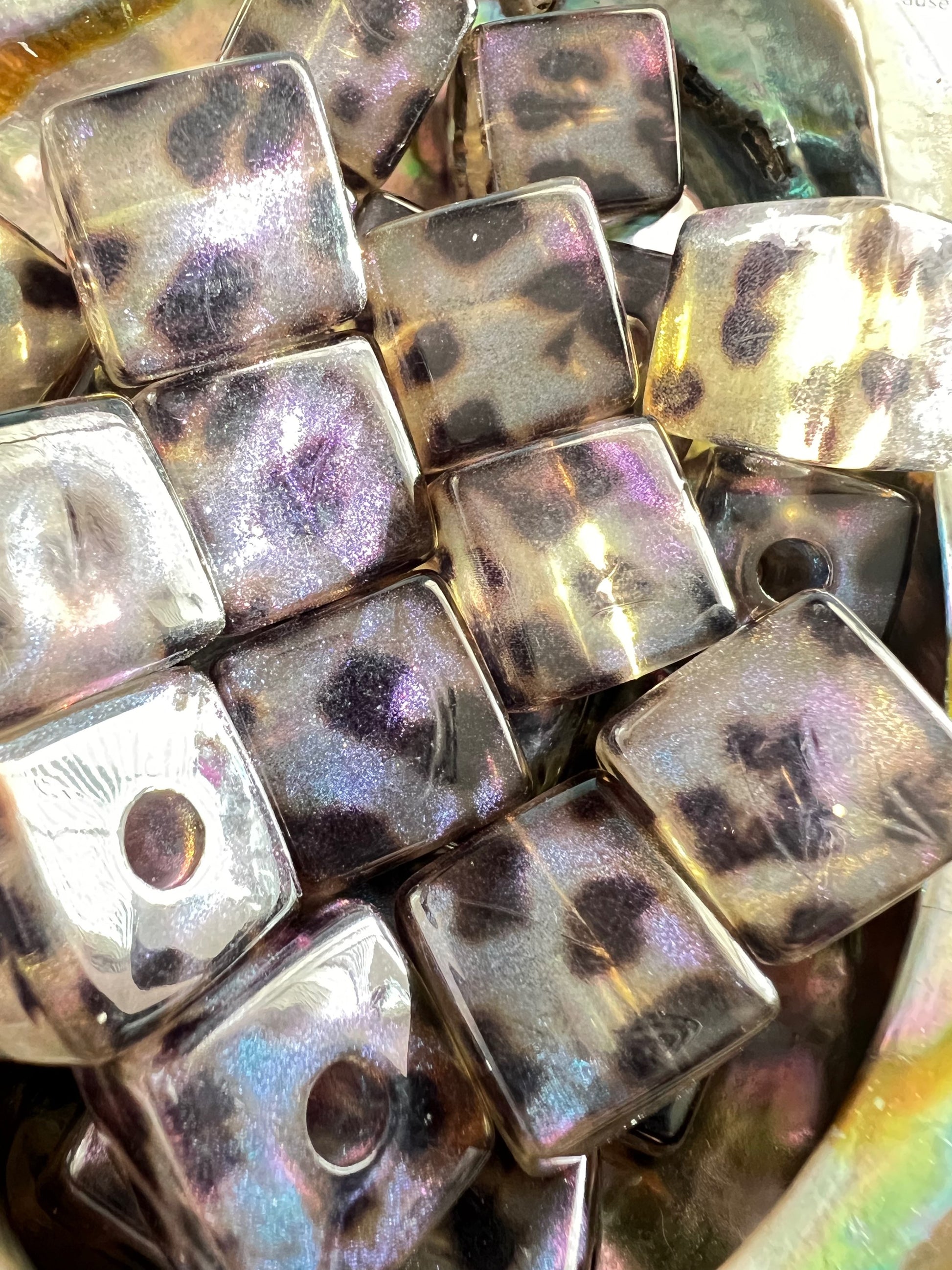 5 PCS - 16mm Clear/Black Leopard Design UVAB Iridescent Rainbow Glitter Beads image 2