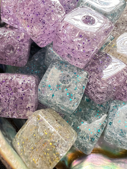 10pcs - 14mm Crackle UV coated multi colored clear glitter Cube/Square Beads image 1