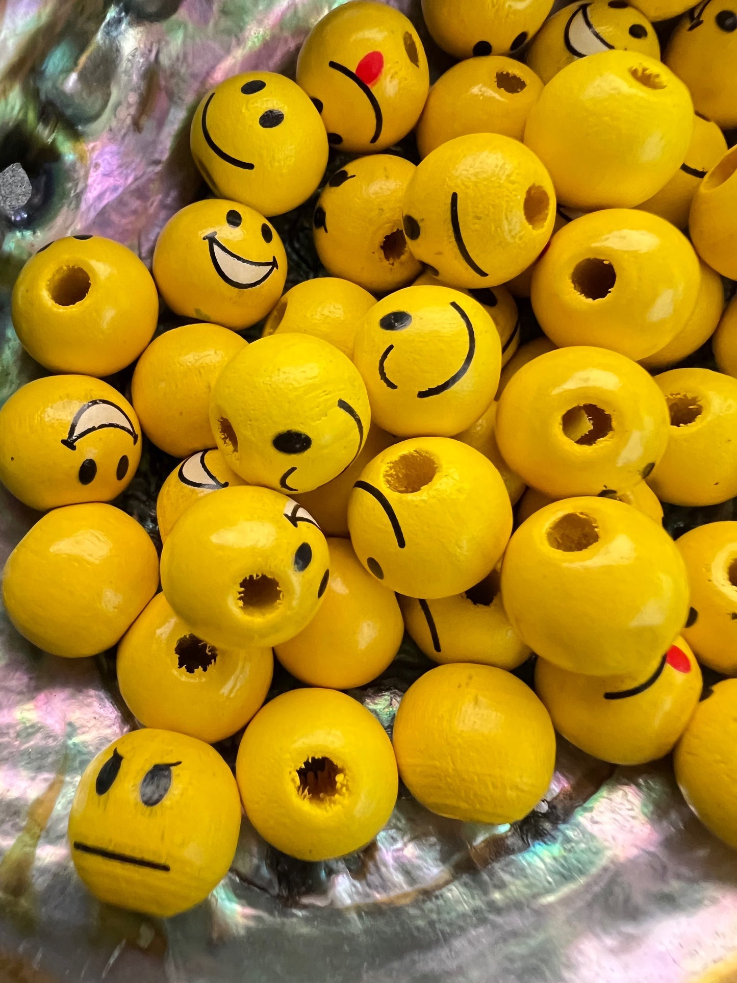 10 PCS- 12mm Smaller Round Wooden Yellow EMOJI beads/Mixed Faces image 0