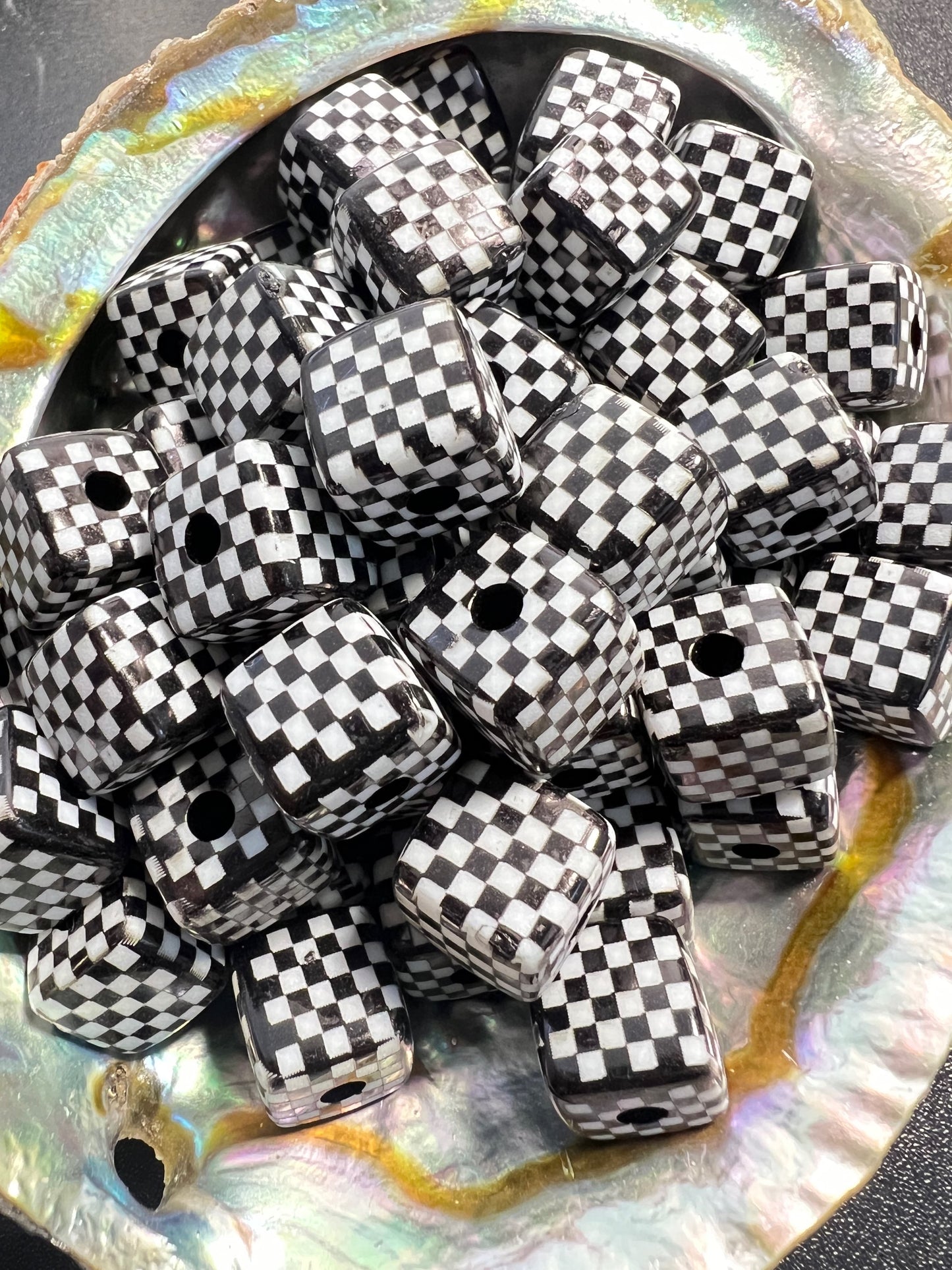 10 PCS- 13mm Black & White Cube/Square Checkered/Gingham Pattern Beads image 0