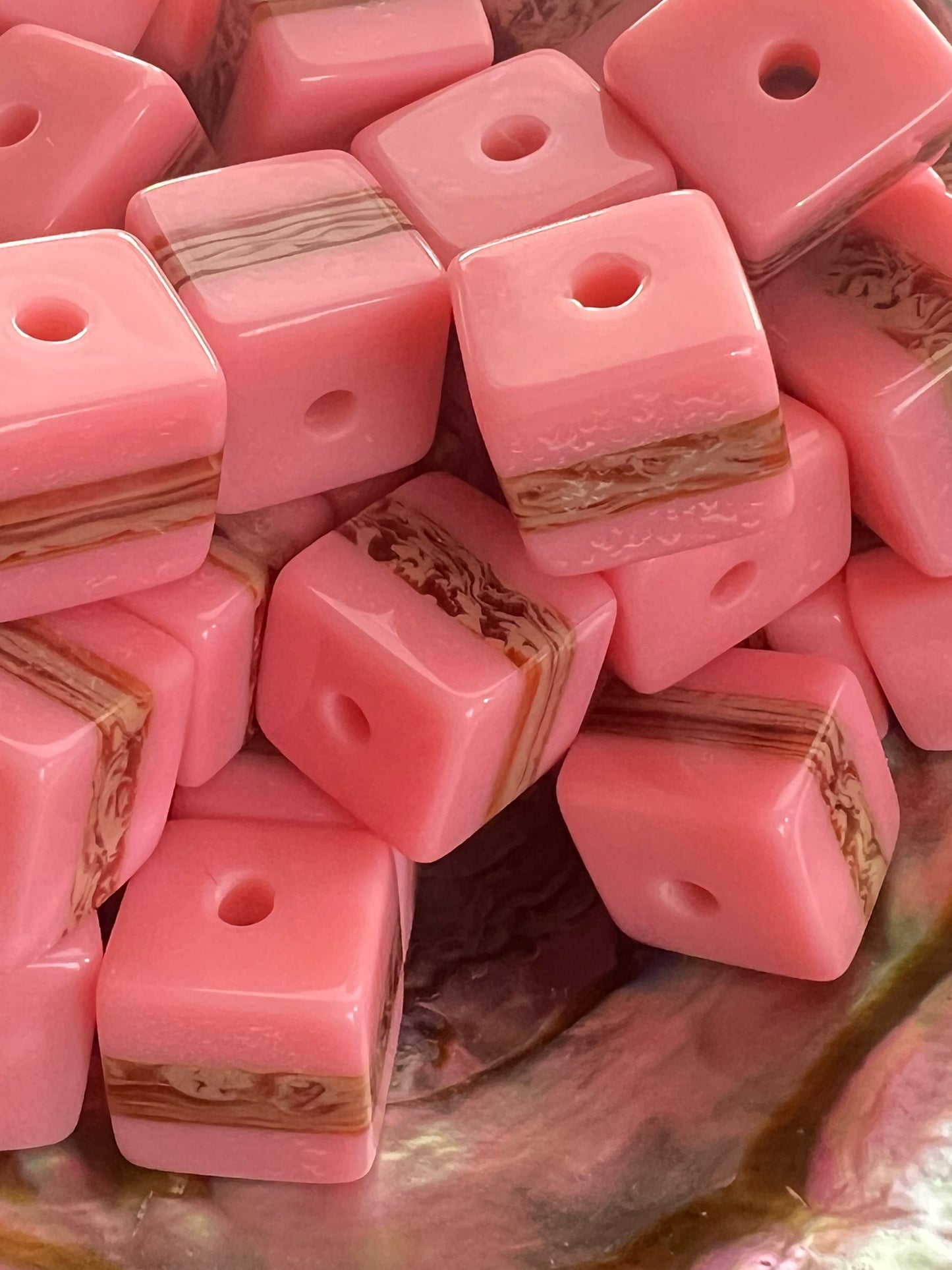 10 PCS - 13mm Pink Color with Brown/Tan Strip Cube/Square Bead image 2