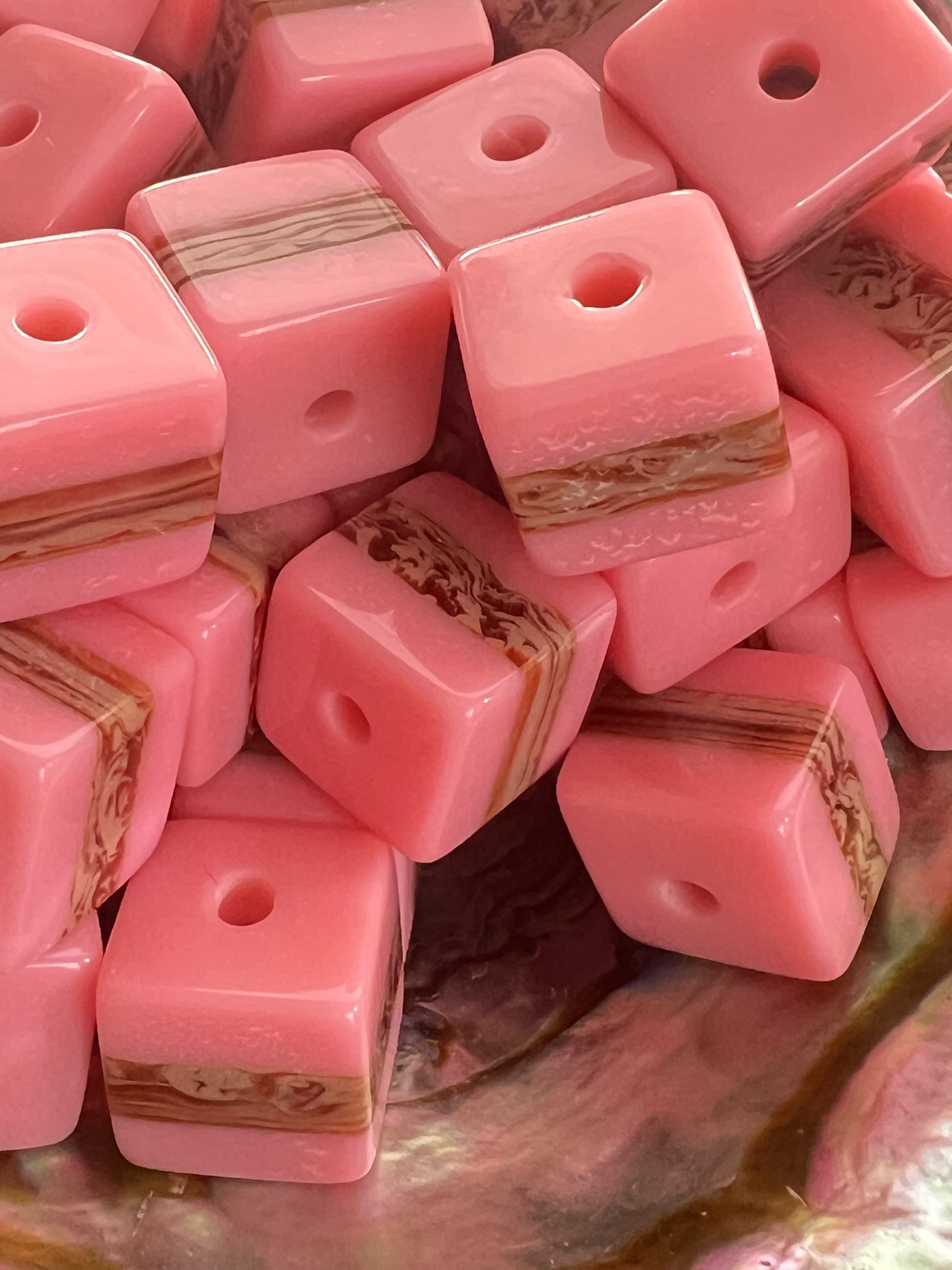 10 PCS - 13mm Pink Color with Brown/Tan Strip Cube/Square Bead image 2