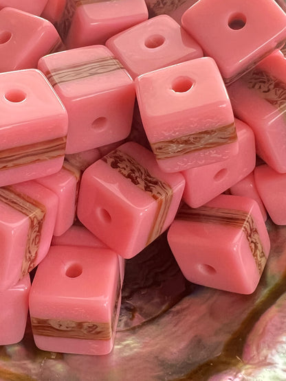 10 PCS - 13mm Pink Color with Brown/Tan Strip Cube/Square Bead image 2