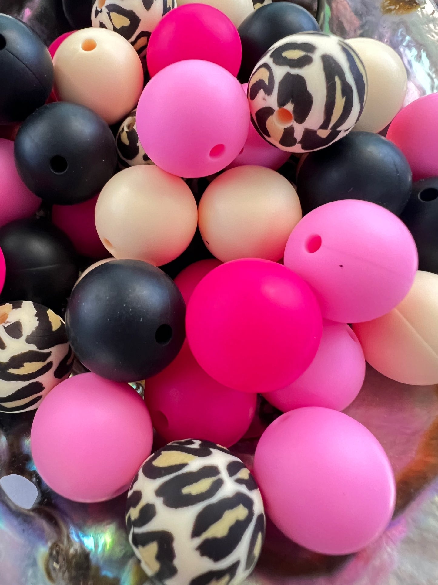 10 PCS- 15mm Round Multicolored Leopard/HotPink/Pink/Creme MIX of SILICONE beads image 2
