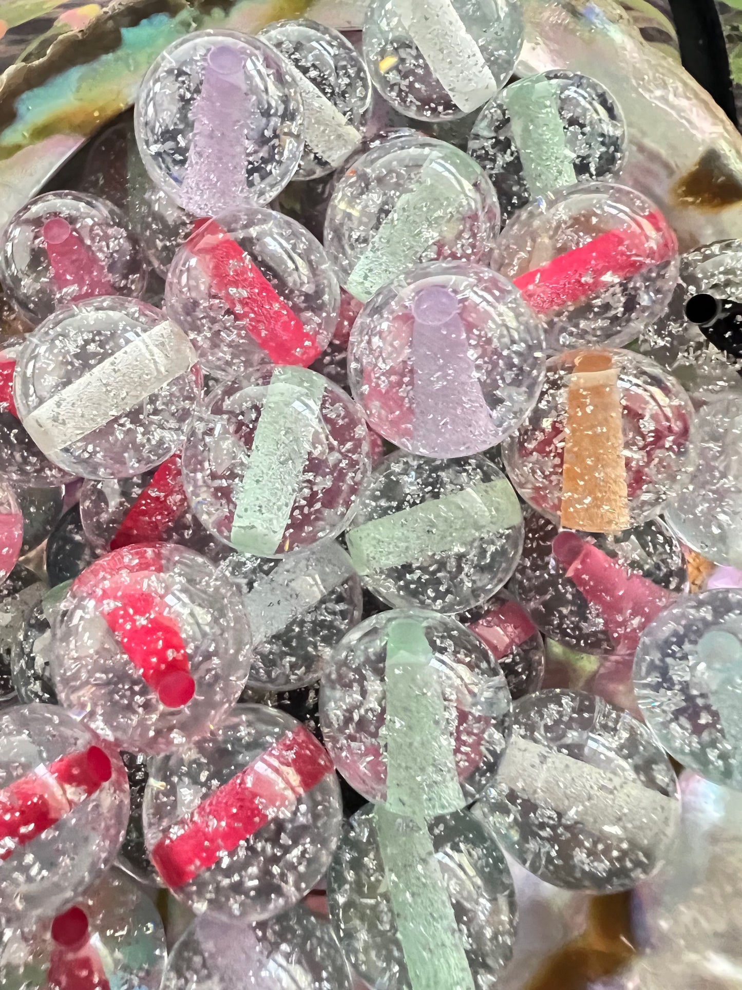 10 PCS- 15mm Round Mixed Colors Clear W/Silver Glitter Flake Resin Beads image 0