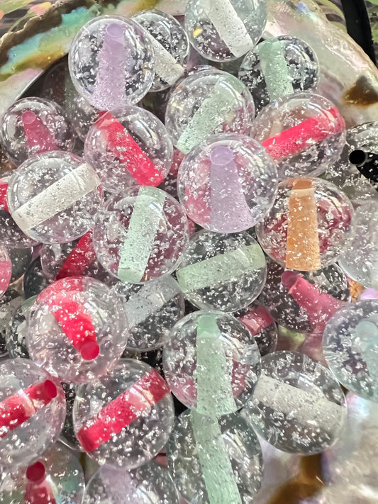 10 PCS- 15mm Round Mixed Colors Clear W/Silver Glitter Flake Resin Beads image 0
