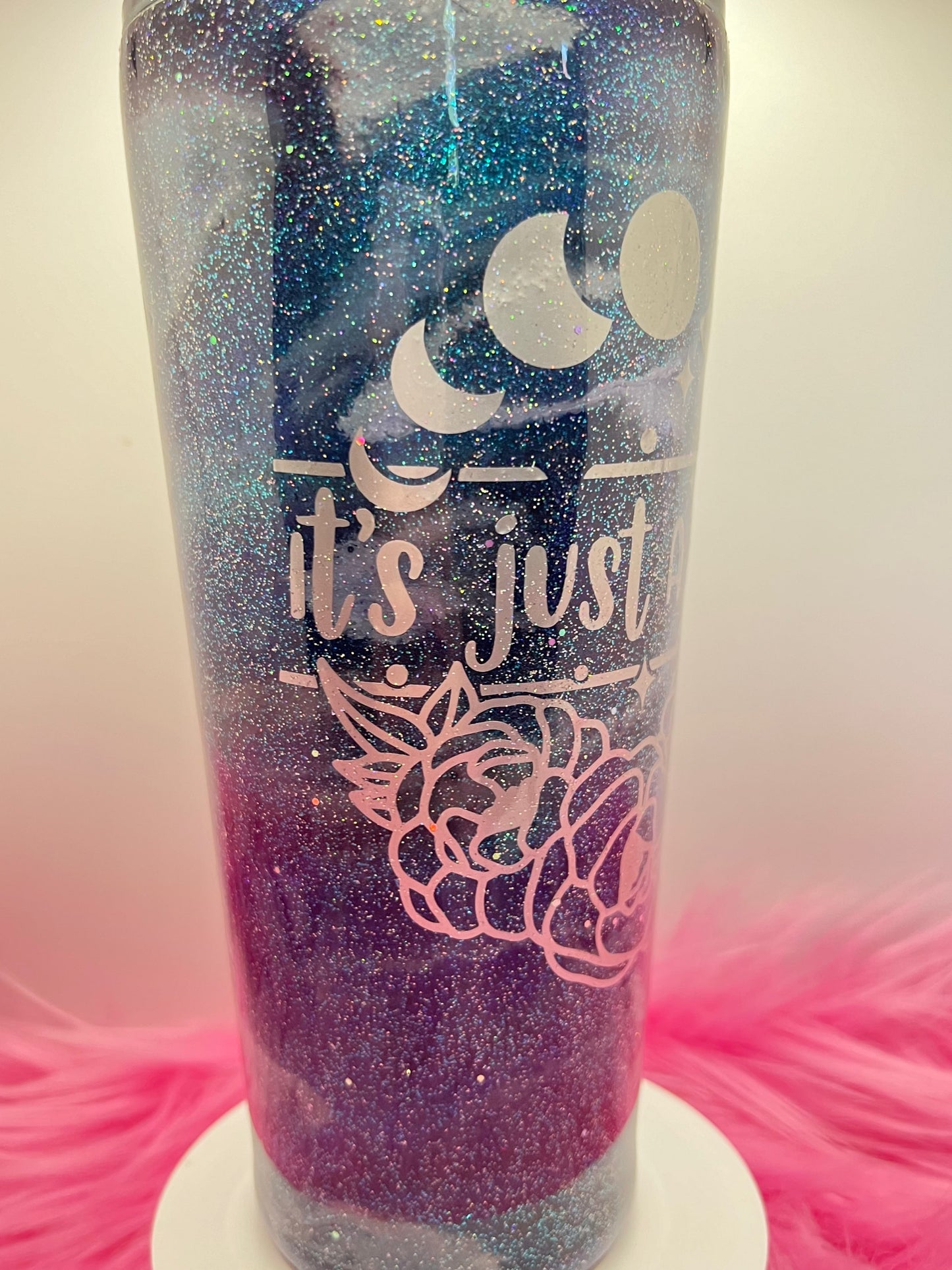 (1)- RTS 32oz Tapered Milky Way Just a phase MOONS teal/bl/glitter Epoxy Tumbler image 1