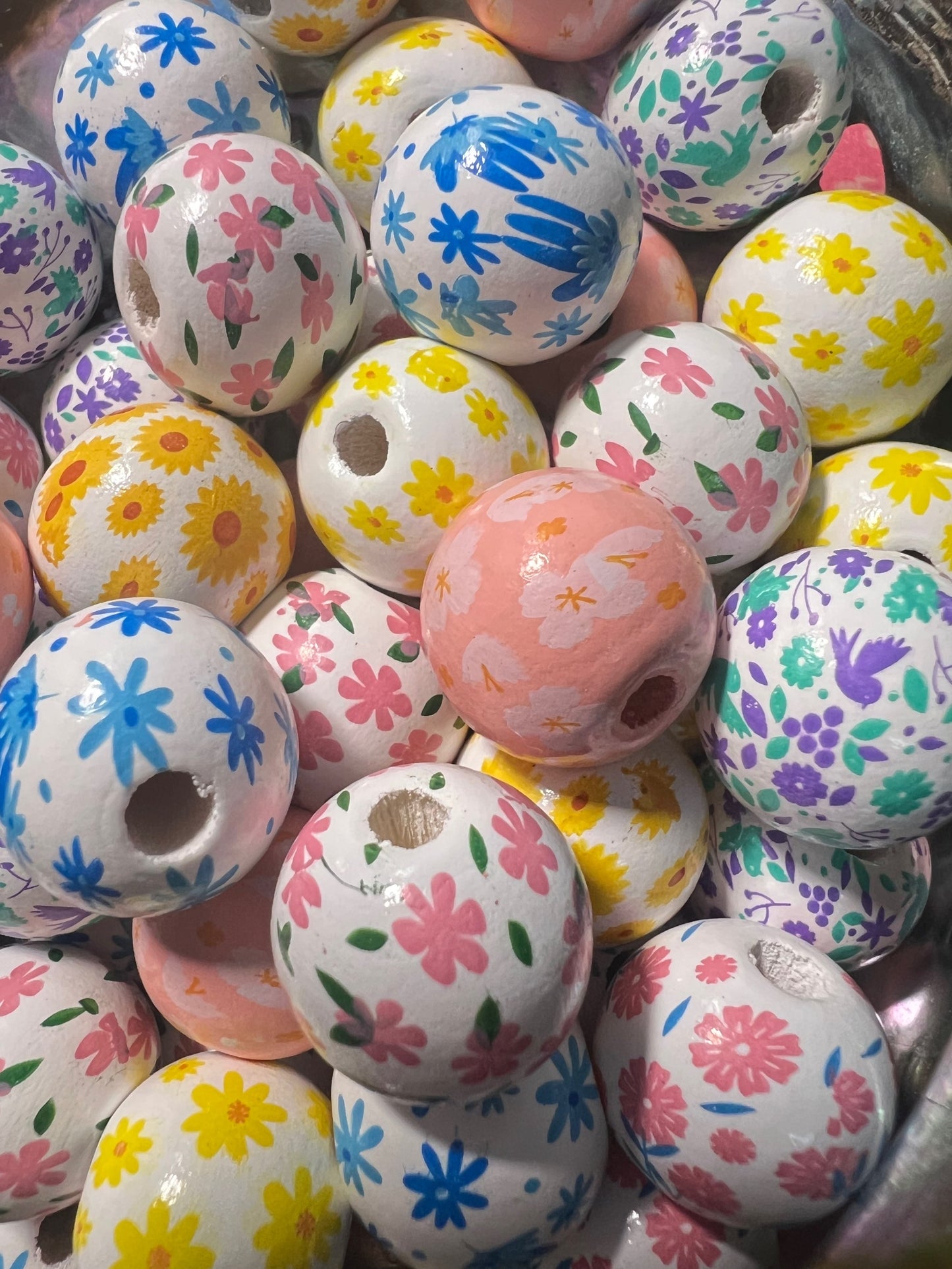 10 PCS-  16mm Multicolored FLORAL  print Round Wooden Beads image 1