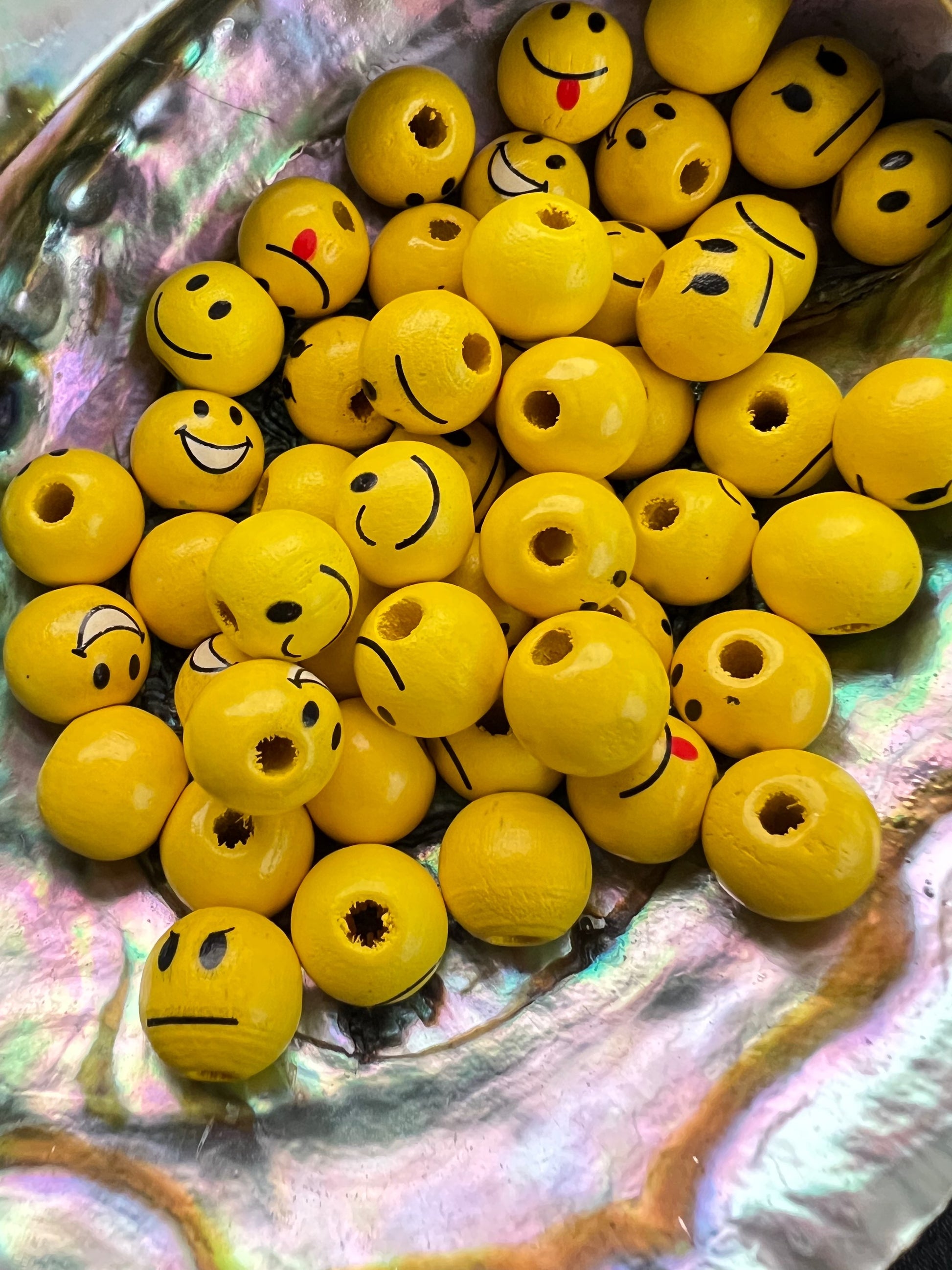 10 PCS- 12mm Smaller Round Wooden Yellow EMOJI beads/Mixed Faces image 2