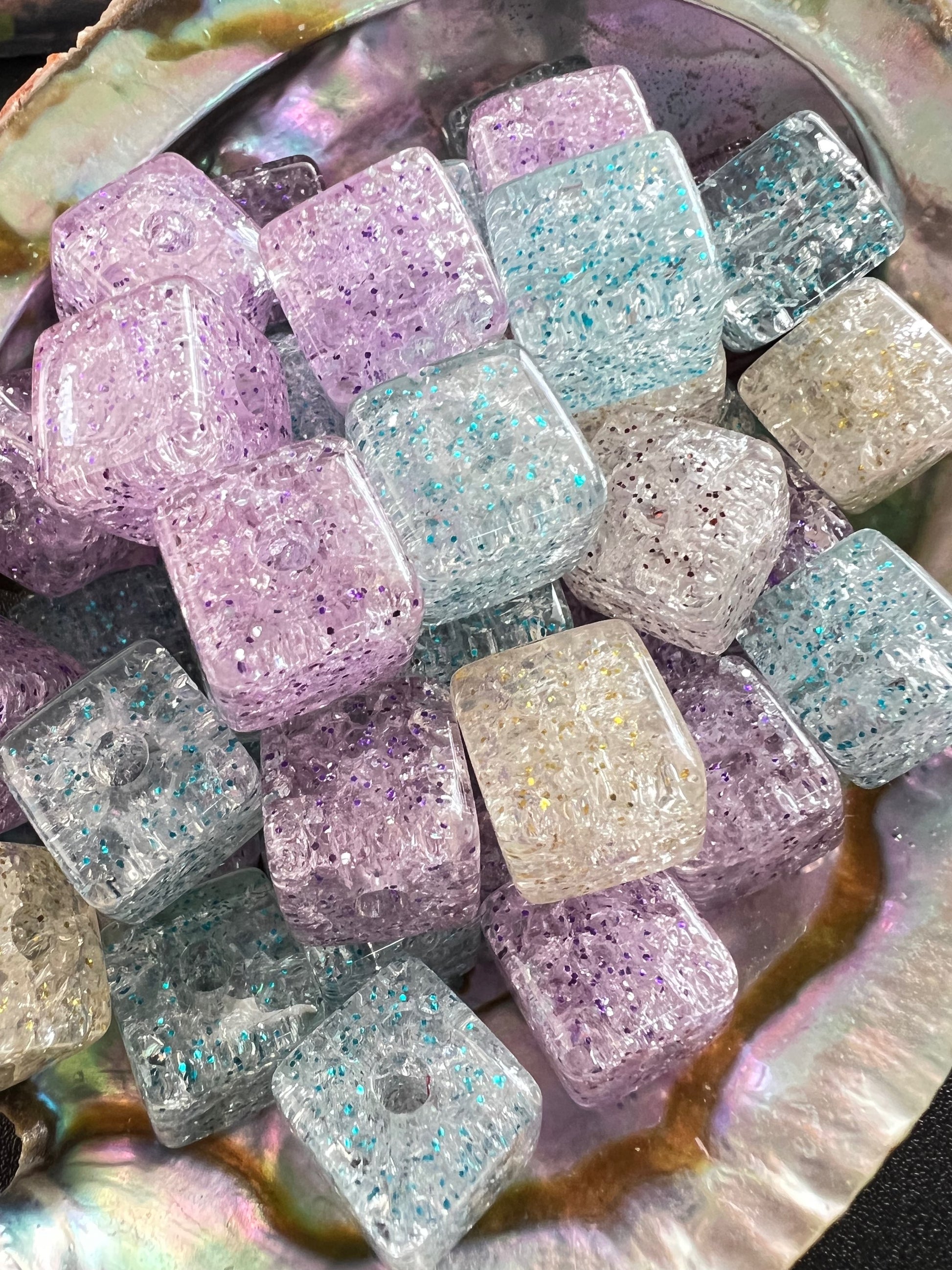 10pcs - 14mm Crackle UV coated multi colored clear glitter Cube/Square Beads image 2