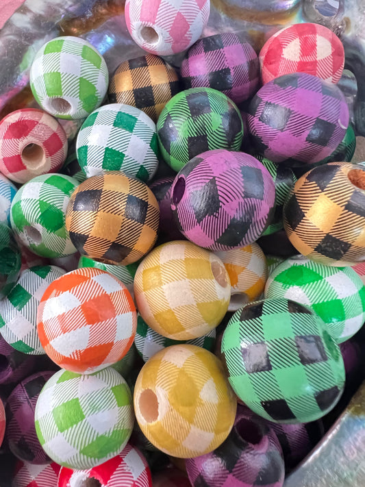 10 PCS- 15mm Darker Colors Round Wooden/Checkered/Gingham Pattern Beads image 0