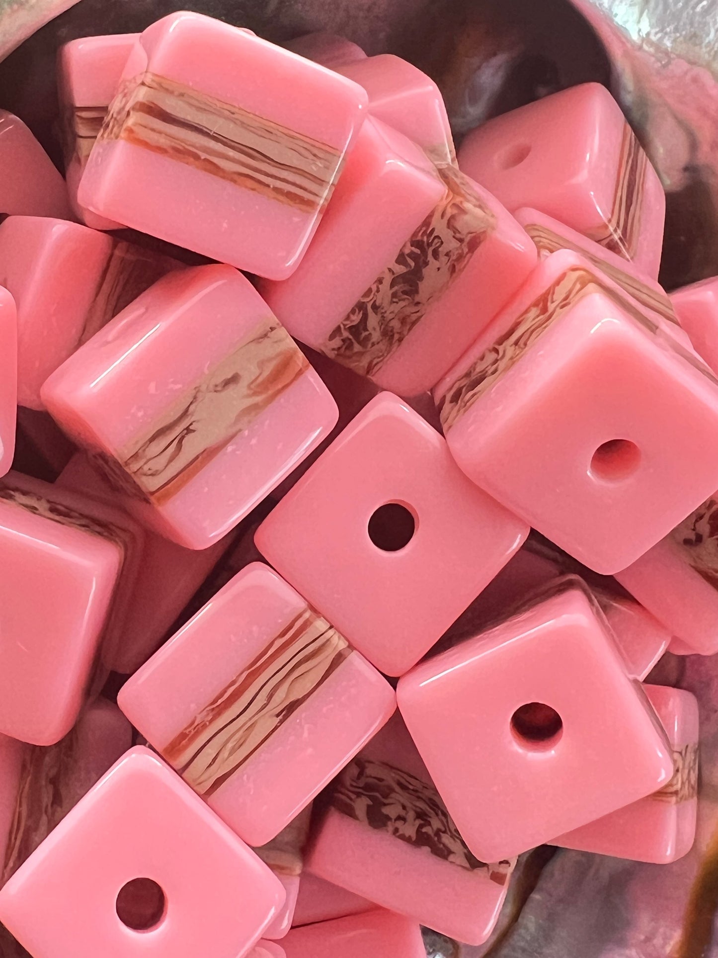10 PCS - 13mm Pink Color with Brown/Tan Strip Cube/Square Bead image 3