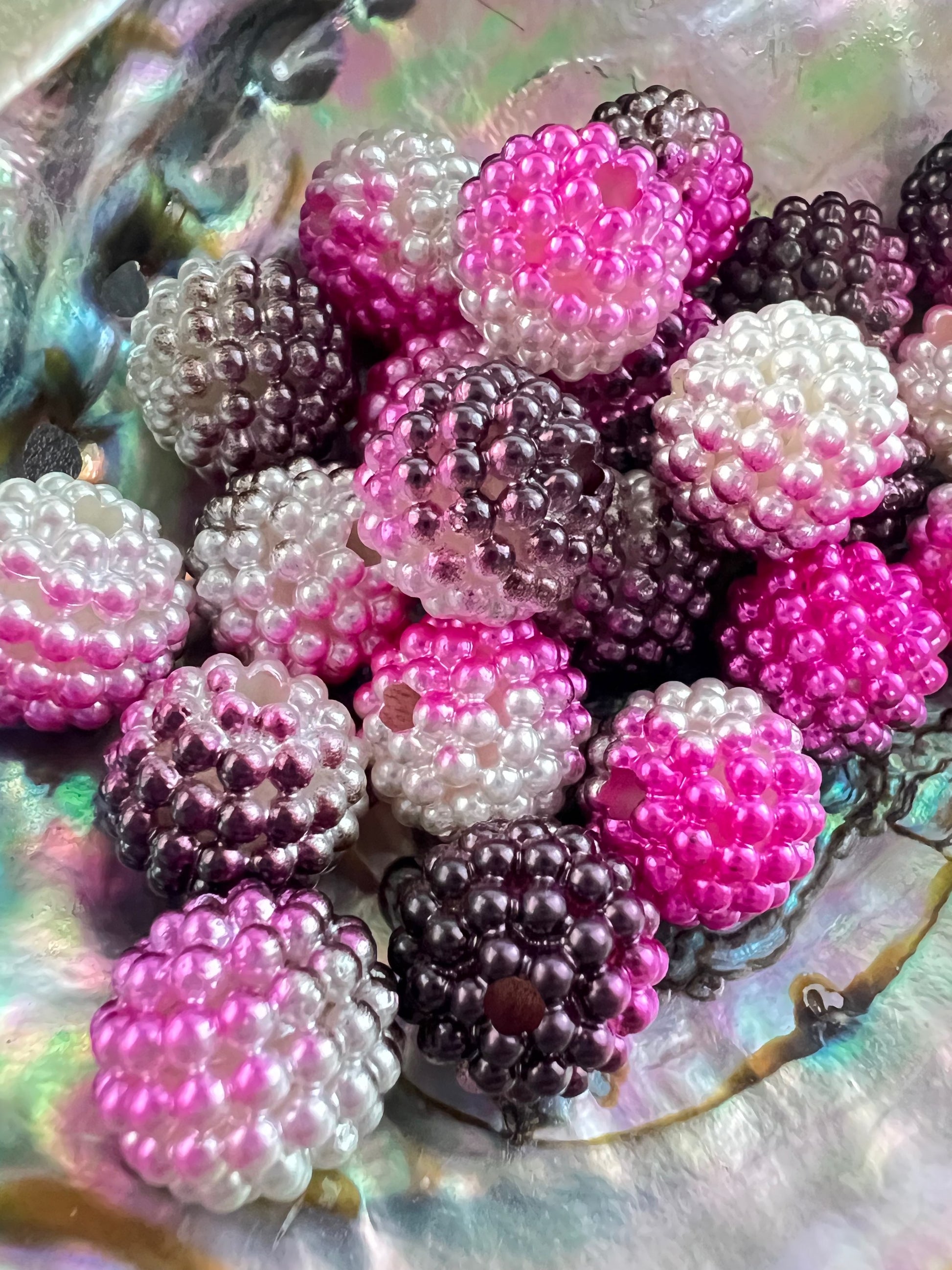 10 PCS - 15mm Fancy Round Pink/Blk/White /Pearl Acrylic Beads image 1