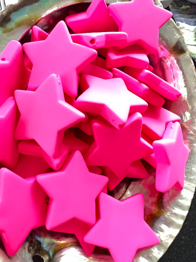 5 PCS- Star Shaped 28mm - Neon Pink Resin Matte Flat Bead/ Pen Topper Beads image 0