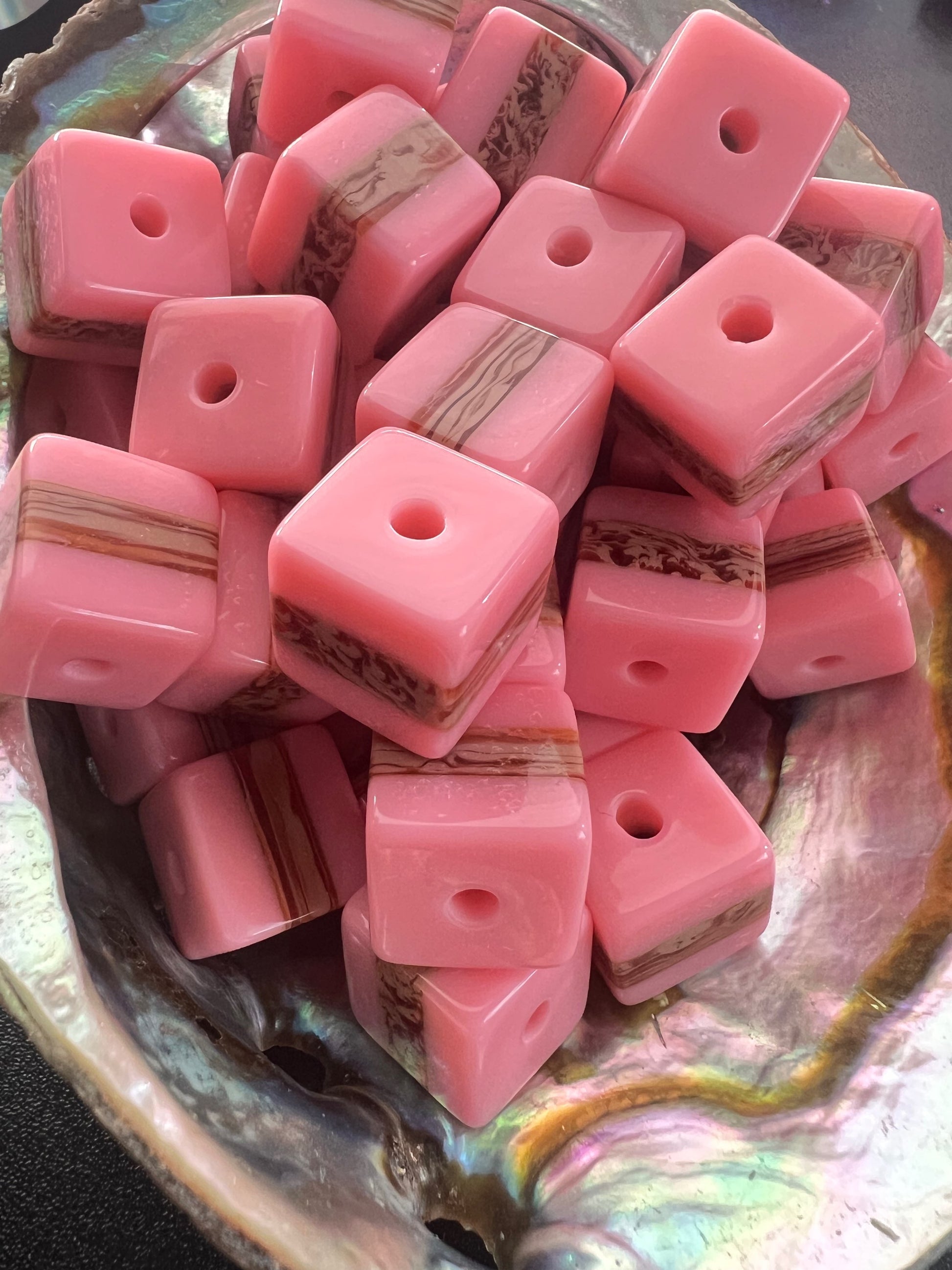 10 PCS - 13mm Pink Color with Brown/Tan Strip Cube/Square Bead image 1