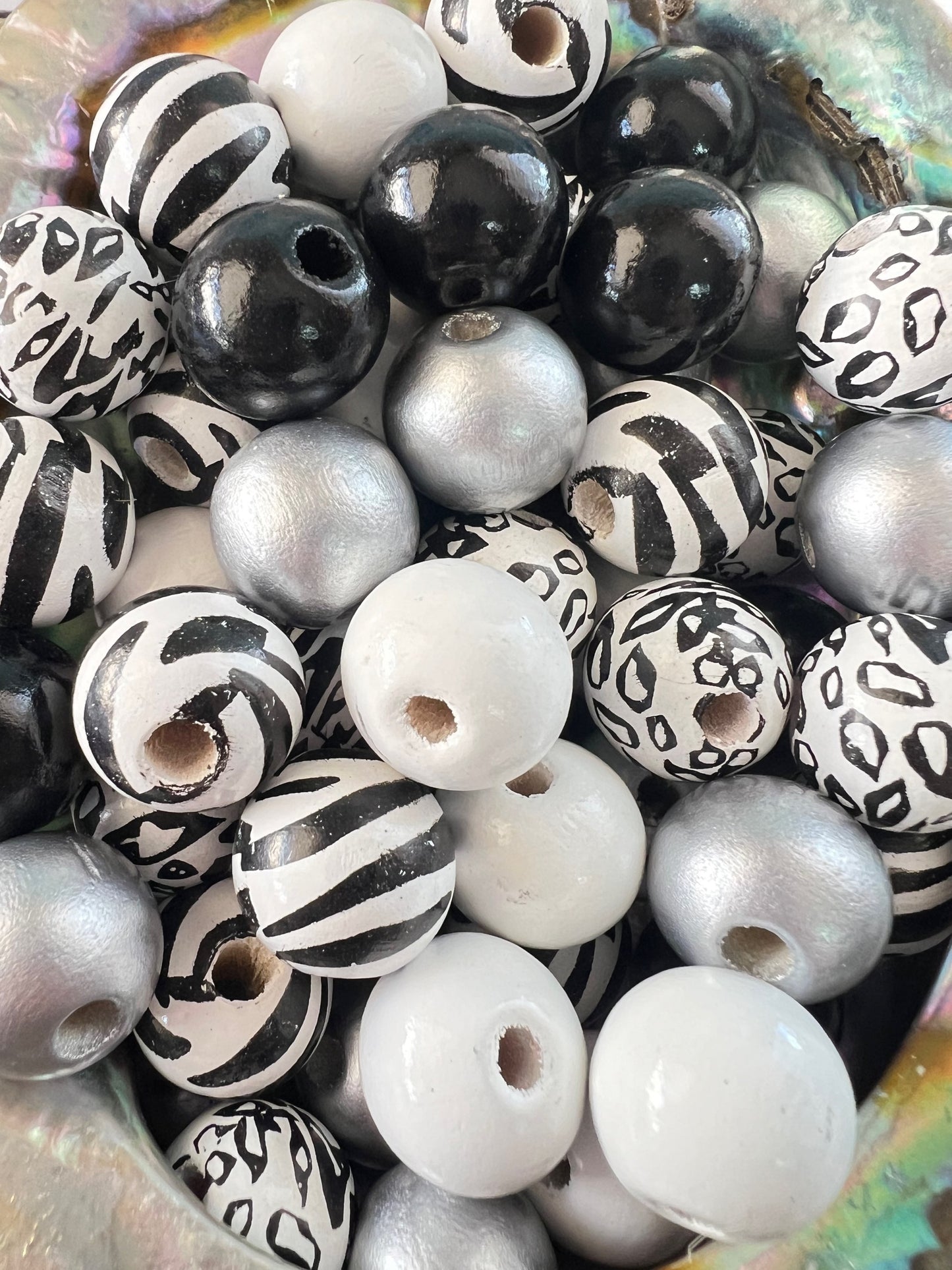 10 PCS-  16mm Multicolored Leopard/Zebra/Black/White/Silver Round Wooden Beads image 0
