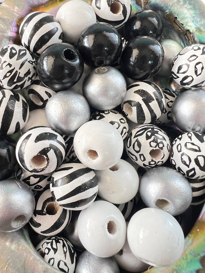10 PCS-  16mm Multicolored Leopard/Zebra/Black/White/Silver Round Wooden Beads image 0