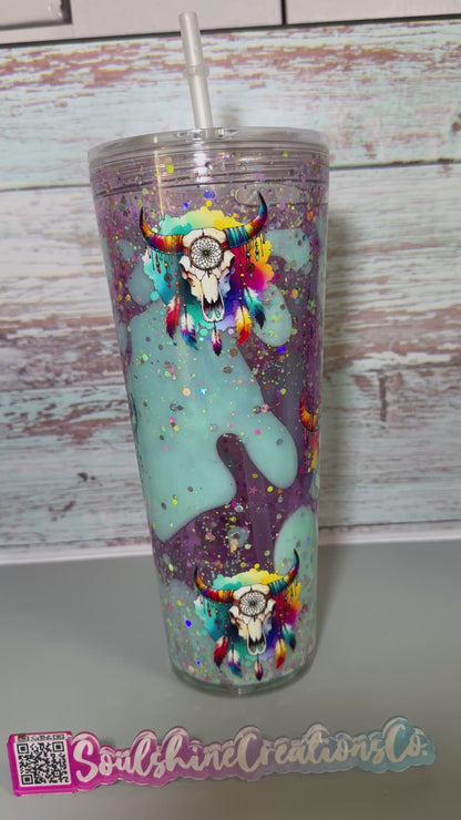 (1)- Ready To Ship PINK/TEAL DUAL LAVA Floral Western Skull Design 32oz ACRYLIC Snow Globe Tumbler