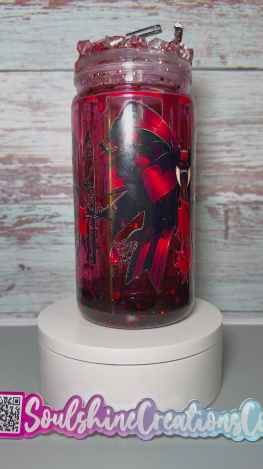 (1)- Ready To Ship /BOYS OF HALLOWEEN HORROR BL00D DRIP Design 16OZ ACRYLIC Snow Globe Tumbler